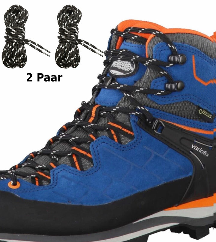 Schwarz-weiße runde Schnürsenkel an blauem Wanderschuh, 2 Paar