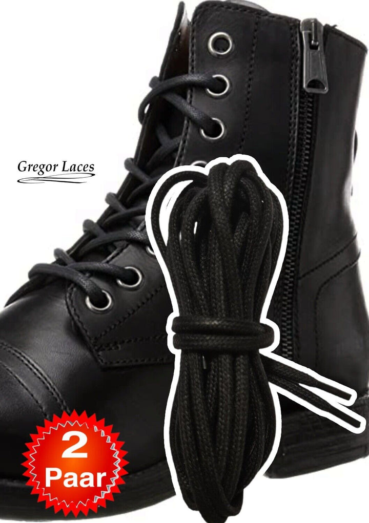 Zwei Paar schwarze gewachste runde Schnürsenkel für schwarze Lederstiefel