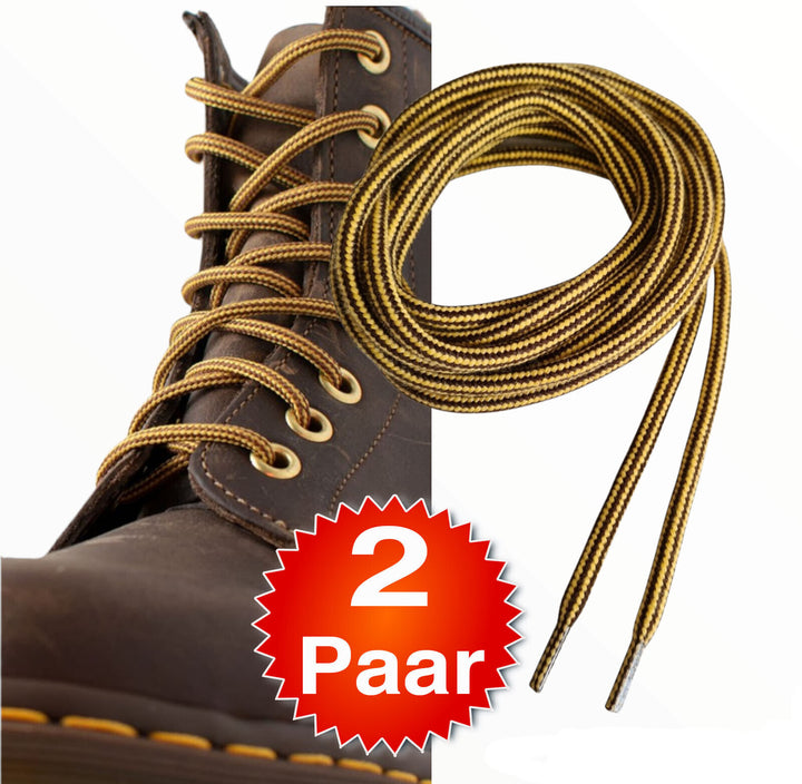 Braun-gelbe runde Schnürsenkel an braunem Wanderschuh, 2 Paar